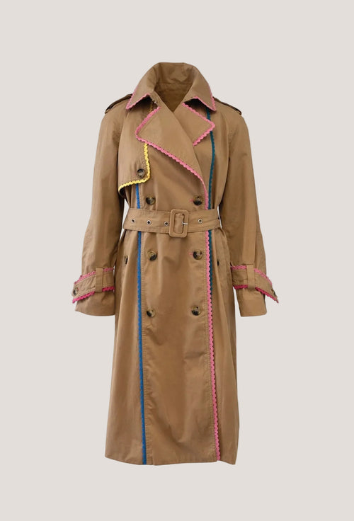 7 For all mankind trenchcoat, camel kleur met kanten, kleurrijke bies