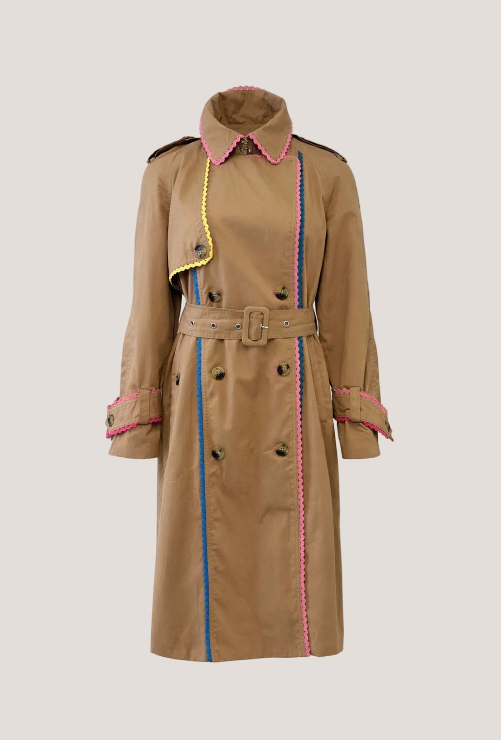 7 For all mankind trenchcoat, camel kleur met kanten, kleurrijke bies