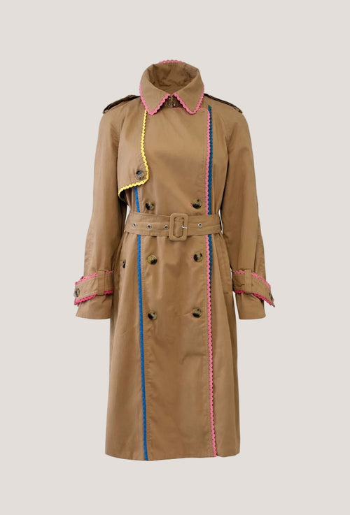 7 For all mankind trenchcoat, camel kleur met kanten, kleurrijke bies