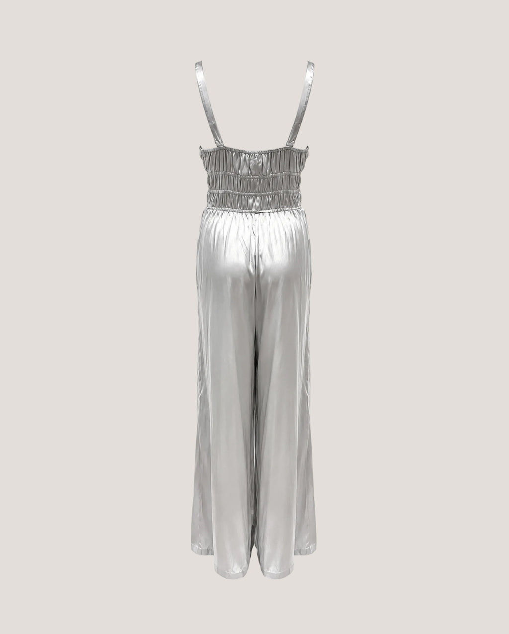 Zilveren, zijde jumpsuit van het Italiaanse merk Semicouture