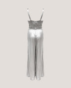 Zilveren, zijde jumpsuit van het Italiaanse merk Semicouture